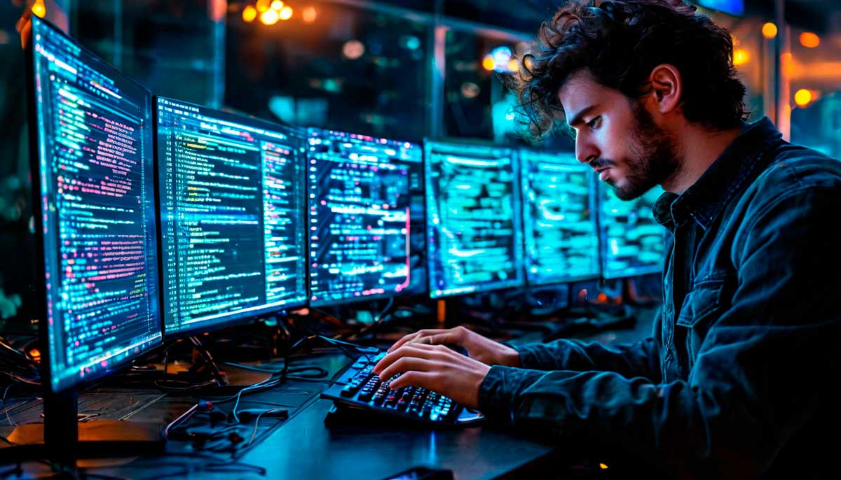 Hacker working on multiple screens with intercepted text messages and glowing digital codes.