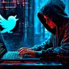 Hacker in a dark room typing on a laptop with Twitter logo and code in the background.