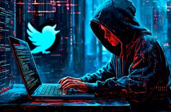 Hacker in a dark room typing on a laptop with Twitter logo and code in the background.