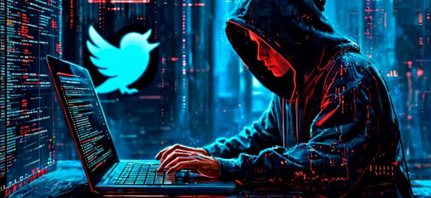 Hacker in a dark room typing on a laptop with Twitter logo and code in the background.