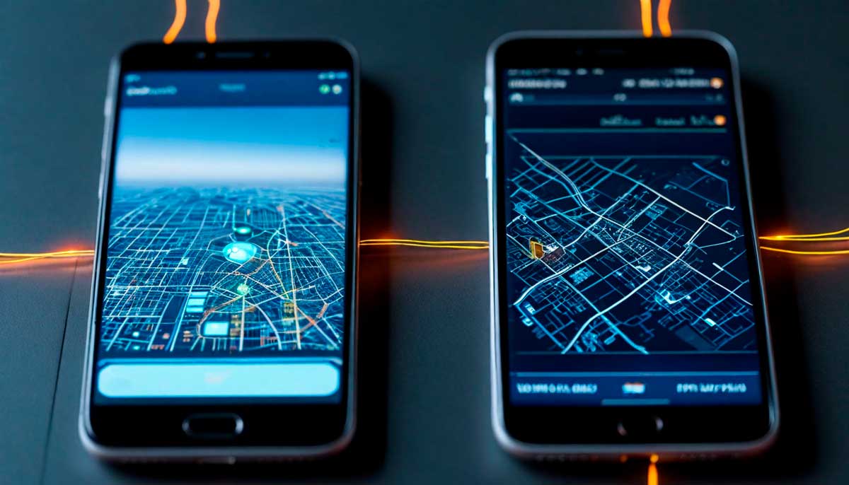 Android phone with Google Maps and iPhone with a tracking app linked by glowing signals.