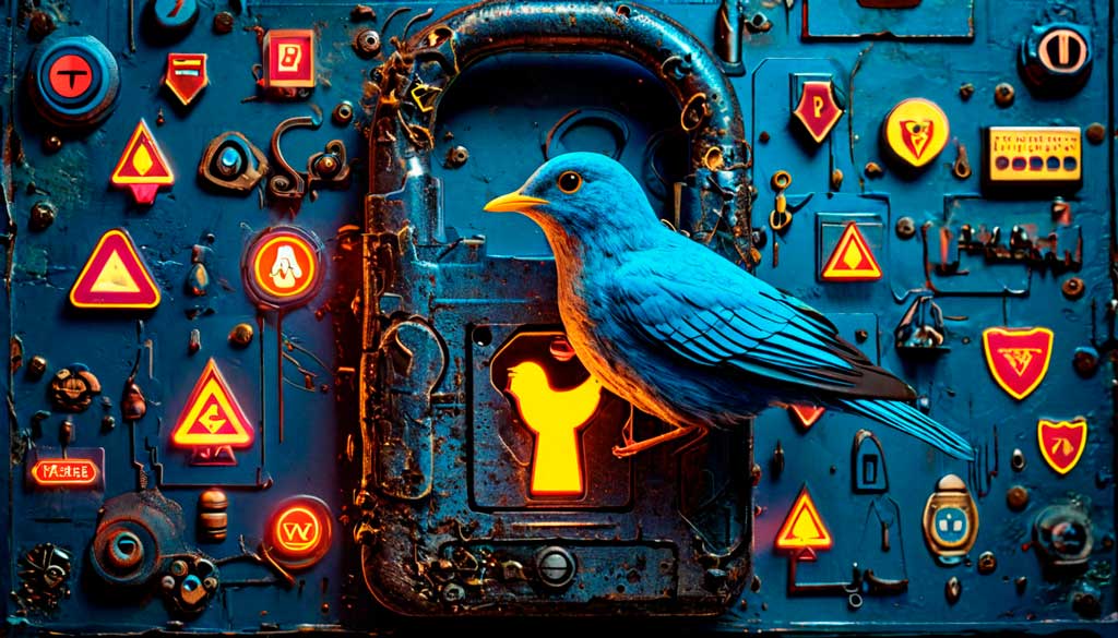 Twitter bird icon secured with a padlock, highlighting account protection.